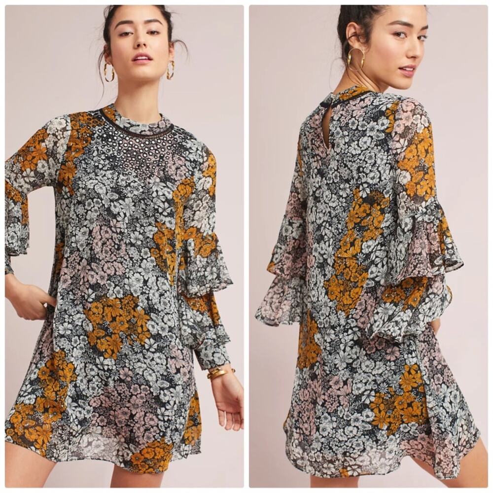 Anthropologie Ranna Gill‎ Fluttered Long Sleeve Tunic Floral Dress Size Large